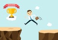 Business man jump and cross mountains to get trophy Royalty Free Stock Photo