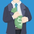 Business man keeps a sack of money in his suit.anti corruption. flat vector illustration