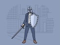 Business man with knight shield preparing for battle, concept corporate wars between competitors Royalty Free Stock Photo