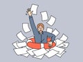 Business man with lifeline is drowning in paperwork, suffering from burnout-causing bureaucracy Royalty Free Stock Photo