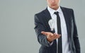 Business man, light bulb and ideas for company, entrepreneur with innovation and problem solving for energy saving Royalty Free Stock Photo