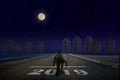 Business man 2019 line in front of city. Night back view. Elements of this image furnished by NASA. Royalty Free Stock Photo