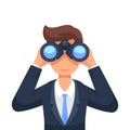 Business man looking through binoculars searching for a job. Flat style