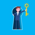 Business man looking out of giant keyhole and holding the big key with keyhole.Flat vector isolated illustration. Royalty Free Stock Photo