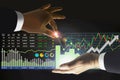 Business man manipulate stock index data arrow up growth indicators with candlesticks graph and chart symbol for investment