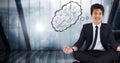 Business man meditating against blue window with thought cloud showing math doodles