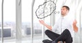 Business man meditating against window with thought cloud showing math doodles