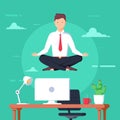 Business man meditating in lotus pose over table in office room. Boss doing yoga and get calm at workplace.