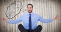 Business man meditating with thought cloud showing math doodles against blurry wood panel