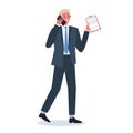 Business man with mobile phone. Male character in suit holding Royalty Free Stock Photo