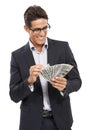 Business man, money fan and investment with smile, reward or salary bonus with financial advisor for savings on white Royalty Free Stock Photo