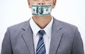 Business man, money and mouth for silence, bribe or corruption with suit in studio by white background. Person, cash and Royalty Free Stock Photo