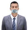 Business man, money and mouth for silence, bribe or corruption with suit in studio by white background. Person, cash and Royalty Free Stock Photo