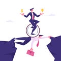 Business Man on Monowheel with Dollar and Light Bulb in Hands Riding over Head of Businessman Colleague. Creative Idea Royalty Free Stock Photo