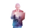 Business man with multiple exposure holding tablet computer Royalty Free Stock Photo