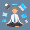 Business man office meditation, relax with office electronic gadgets around zen balance lotus yoga vector illustration