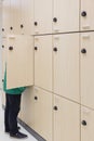 Business man opening Modern wood Interior of locker Royalty Free Stock Photo