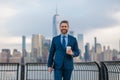 Business man outdoor portrait. Middle age businessman in NYC street. Mature age, mid adult man in 40s walk at Manhattan Royalty Free Stock Photo