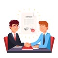 Business man partnership beginning. Partners firmly shaking hands after signing contract Royalty Free Stock Photo