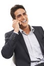 Business man, phone call and communication, networking and connectivity with smile on white background. Corporate Royalty Free Stock Photo