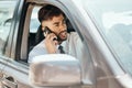 Business man, phone call and driving in car for communication, mobile networking and chat in traffic. Indian male worker Royalty Free Stock Photo