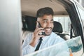 Business man, phone call or smile in car for communication, mobile networking or travel journey. Indian male worker Royalty Free Stock Photo