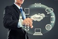 Business man pointing at cloud computing