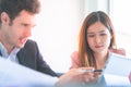 Business man pointing on laptop screen, Coworker brainstormin Royalty Free Stock Photo