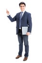 Business man pointing to white background