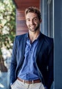 Business man, portrait and confident on balcony at office, accountant and smile for company growth. Happy male person Royalty Free Stock Photo