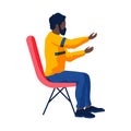 Business man pose male character sit down. African american bearded man sits on chair side view