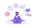 Business man practicing mindfulness meditation with office icons on the background. Multitasking and time management concept.