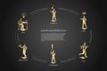 Business man presentation - idea, presentation, confidence, rush, point, approval vector concept set