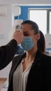 Business man with protective face mask checking collegues temperature