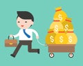 Business man pulling cart full of money, business situation concept