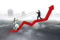 Business man pulling 3D dollar sign upward red trend line