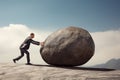 Business man pushing large stone up to hill , Business heavy tasks and problems concept. Royalty Free Stock Photo