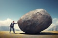Business man pushing large stone up to hill , Business heavy tasks and problems concept. Royalty Free Stock Photo