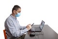 Business Man in quarantine for coronavirus working at his office desk wearing protective face mask. Royalty Free Stock Photo