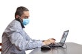 Business Man in quarantine for coronavirus working at his office desk wearing protective face mask. Royalty Free Stock Photo