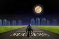 Business man ready to run SUCCESS line in front of city. Night b Royalty Free Stock Photo