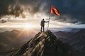 Business man with red flag standing on top of the mountain, generative AI Royalty Free Stock Photo