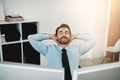 Business man, relax and stretching at office desk for information technology, software or programming solution Royalty Free Stock Photo