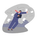 Business man resists strong wind, briefcase in hand, scattered documents, confident leader manager vector illustration