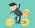 Business man riding a money bicycle with parcel box full of doll