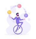 A business man is riding on unicycle and juggling different currency signs. Currency exchange service and trading concept. Flat