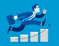 Business man run and hurry on growth chart graph vector illustration, funny comic cute cartoon accountant or businessman worker or