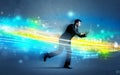 Business man running in high tech wave concept Royalty Free Stock Photo