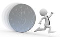 A business man running from a huge coin with the d