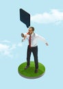 Business man screaming with a megaphone on blue sky background Royalty Free Stock Photo